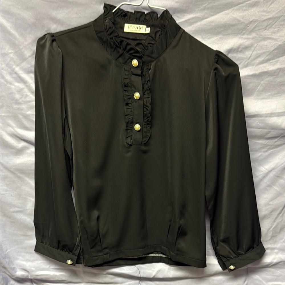 Black Ruffled 3/4 Sleeve Blouse with Mandarin Collar